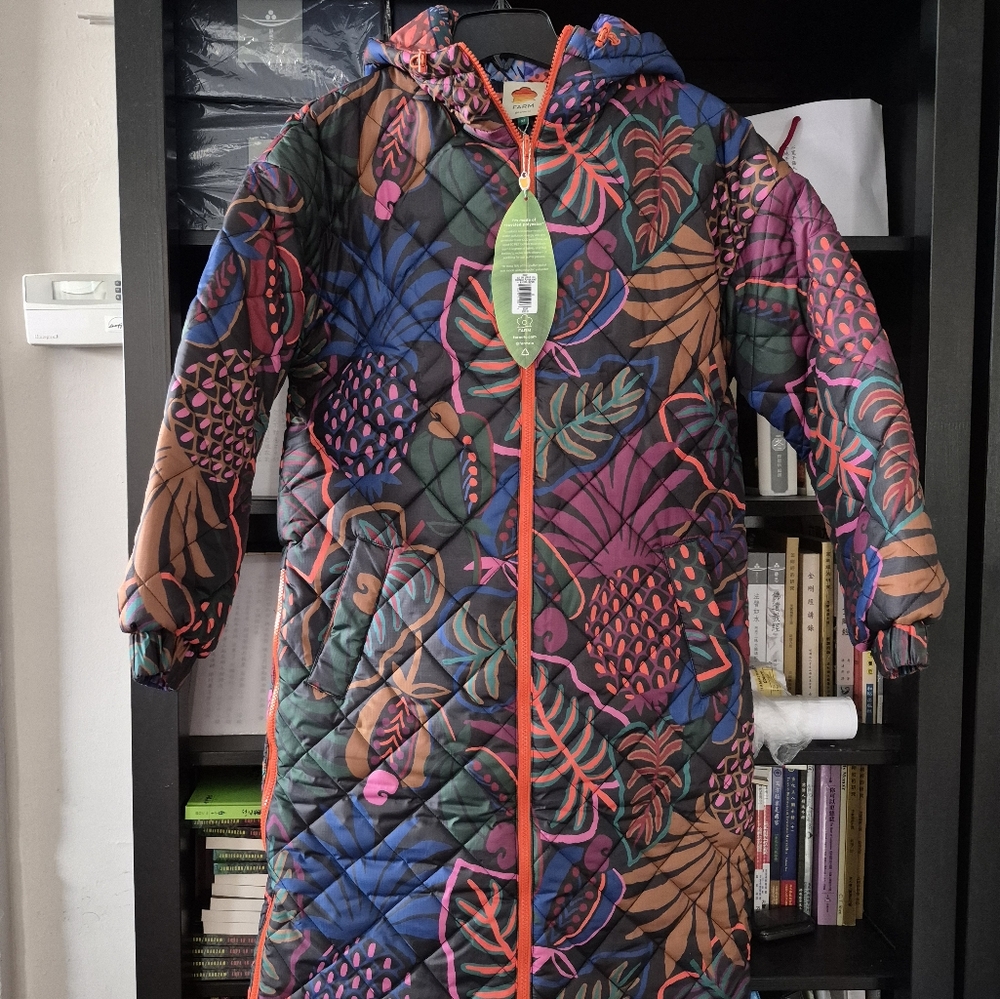 FARM Rio  Leopard Long Reversible Puffer Jacket Hood Coat $350